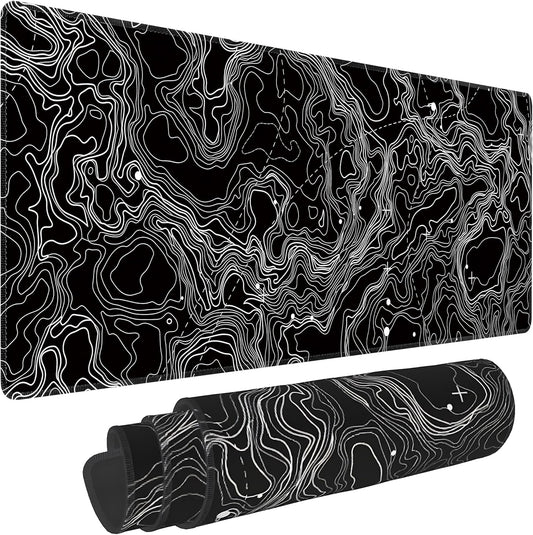 Black with White Topographic Line Large Mouse Pad,Gaming Keyboard Desk Pad,Extended Mouse Mat Non-Slip Rubber Base with Stitched Edges for Office Game Home XL 31.5"x11.8"
