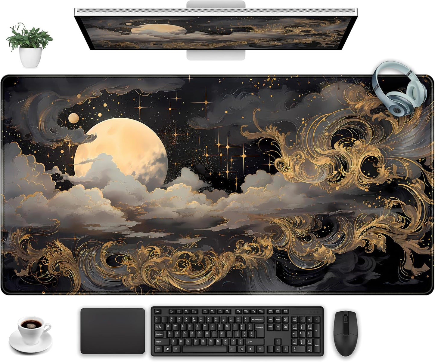 Golden Moon Desk Pad Black Desk Mat XXL Mouse Gaming Pads, Starry Sky Keyboard Pads Extra Large Desktop Computer Mats with Non-Slip Base & Stitched Edges, Vintage Office Decor 31.5" x 15.7"