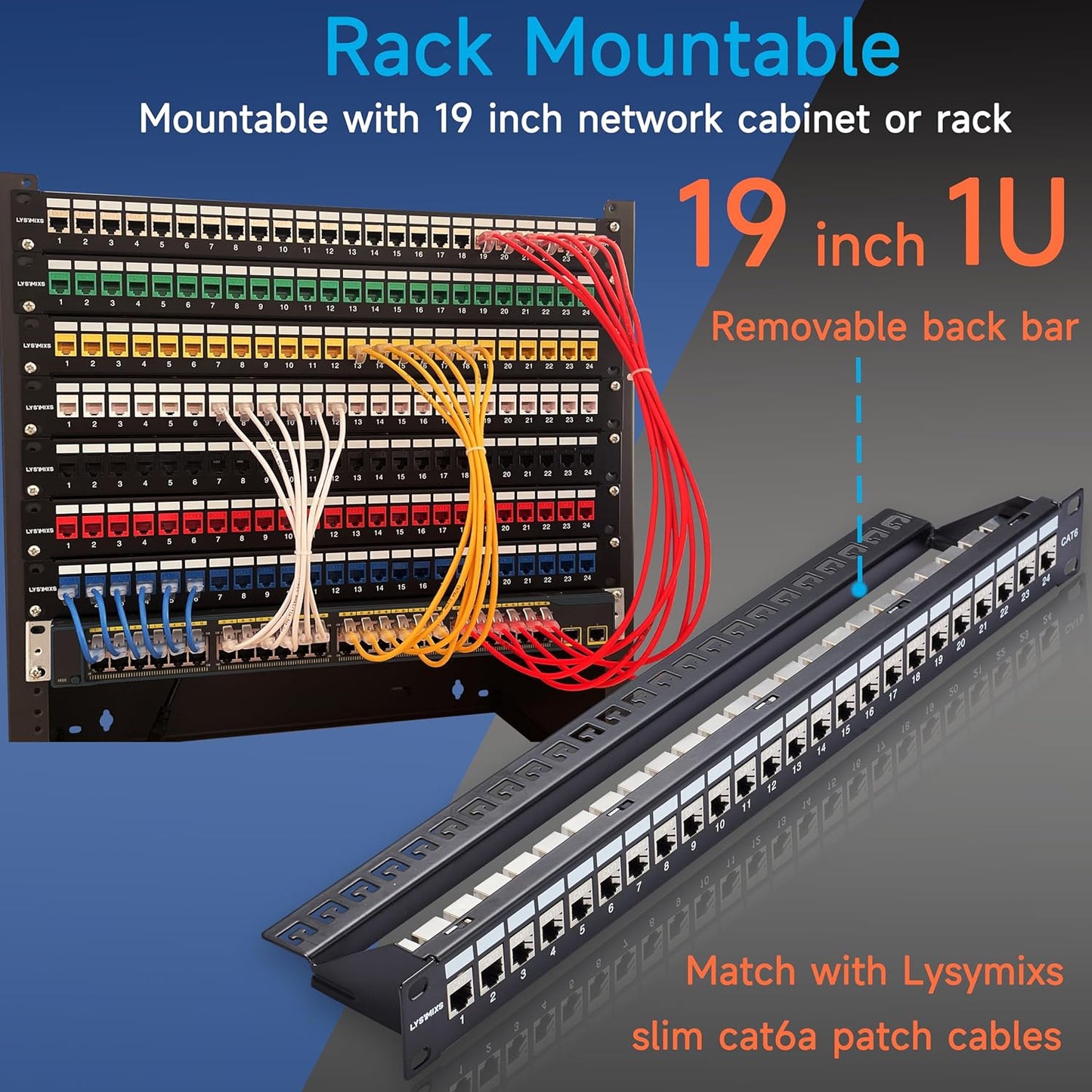 24 Port RJ45 Patch Panel Cat7 STP Feed Through, Coupler Network Panel 19 Inch, Inline Keystone Ethernet Patch Panel with Back Bar