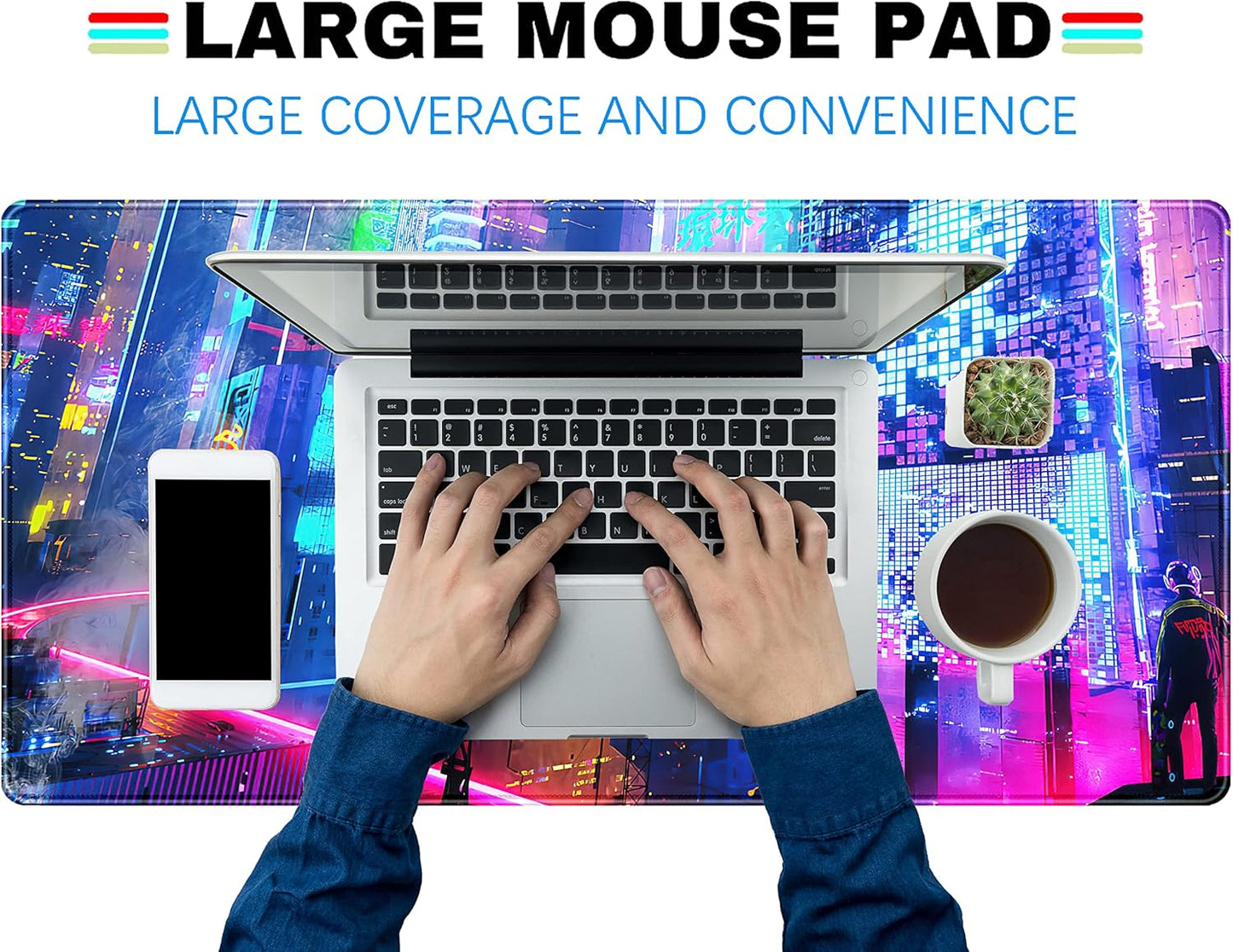 Japanese Street Desk Mat Futuristic Neon City Print Mouse Pad, Exclusive Desk Mats, XXL Large Gaming Mousepad 31.5"x15.75", Office Decor for Women Girls Keyboard Mat Laptop Computer Mat