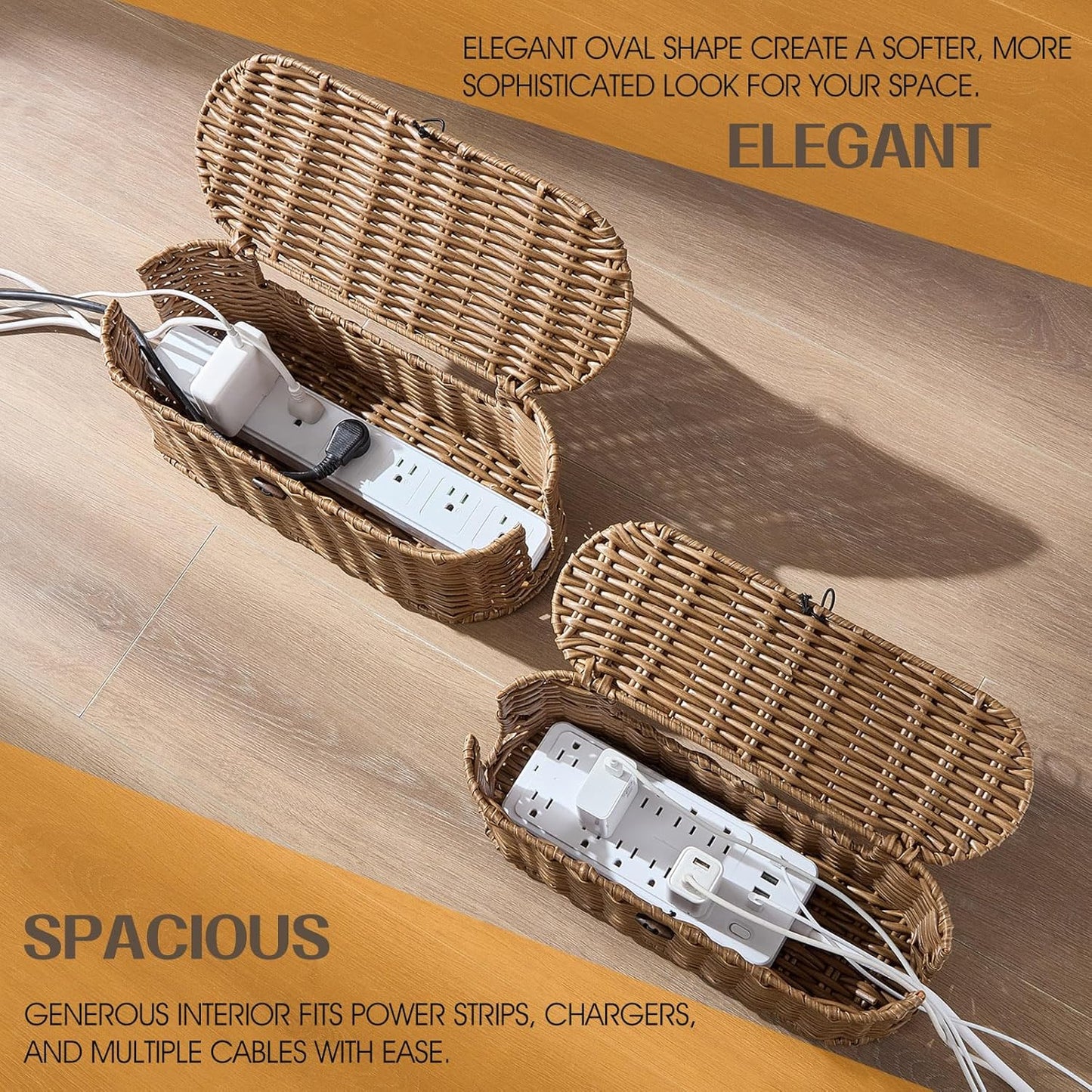 FairyHaus Cable Management Box 2Pack Brown, Handwoven Large and Small Cable Organizer Box Cover to Hide Cords and Power Strip, Imitation Wicker Cord Organizer Box Hider for Office Desk and Floor