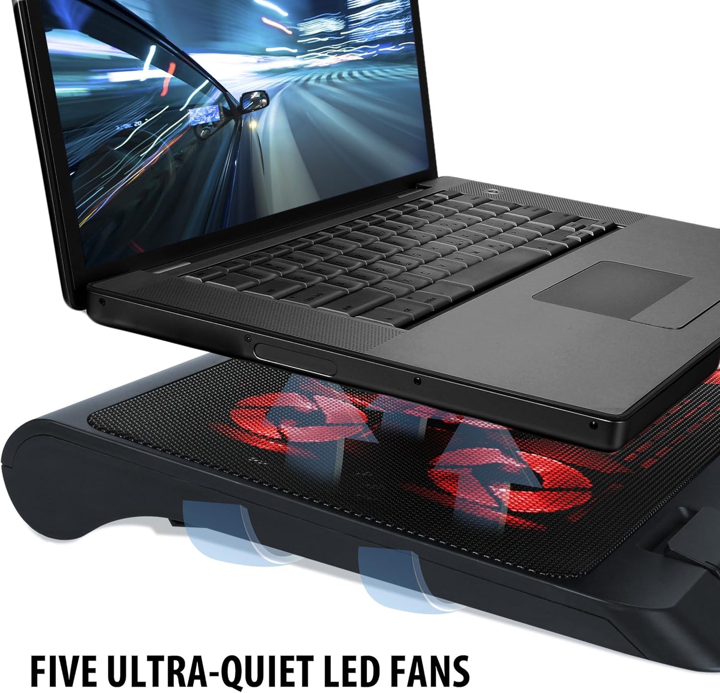 ENHANCE Gaming Laptop Cooling Pad Stand with LED Cooler Fans , Adjustable Height , & Dual USB Port for 17 inch Laptops - 5 Ultra Quiet High Performance Fans 2630 RPM & Built-In Bumpers - Red
