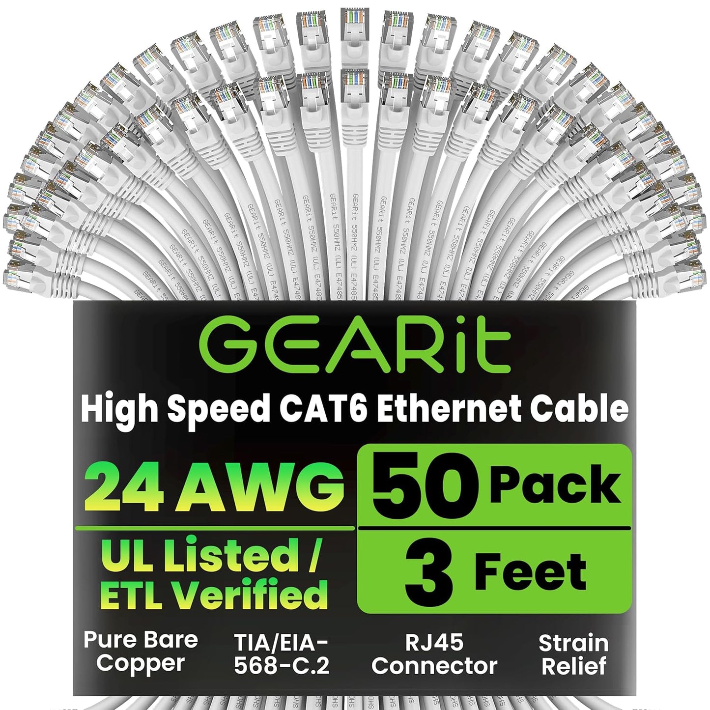 GEARit Cat 6 Ethernet Cable (50-Pack 3 Feet) Cat6 Network Patch, 10Gbps, RJ45, Snagless Cord, Gold-Plated Connectors, Internet for PC, TV, Tablet, Router, Printer, Servers, IT Data Center - White
