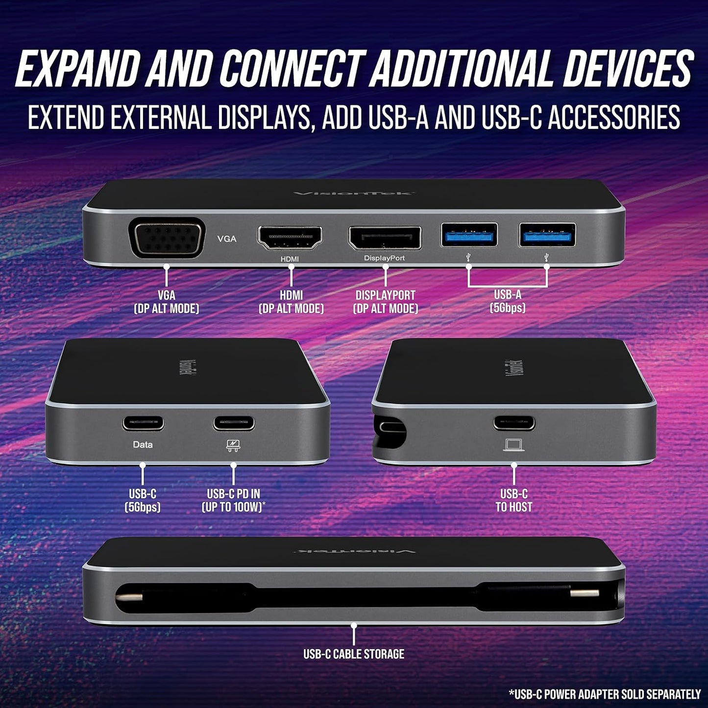 VisionTek VT200 Portable USB-C Dual Monitor Hub - 1x DP, 1x HDMI, 1x VGA, 2X USB-A Ports, 1x USB-C for Windows/MacOS/ChromeOS/iOS