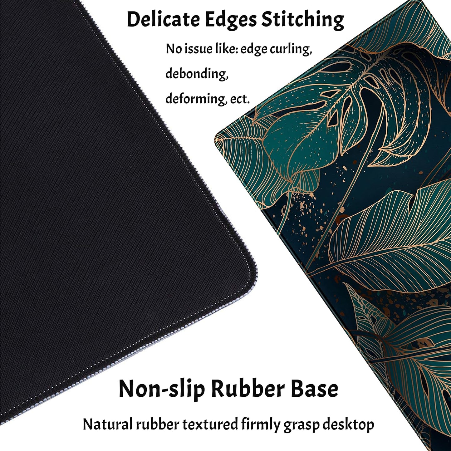 Desk Pad, Green Gold Palm Leaves Extended Gaming Mouse Pad Cute Large Desk Mat, Non-Slip Rubber Base Mousepad with Stitched Edges, Keyboard Mouse Mat Desk Pad for Game Office Home 31.5x15.75 in