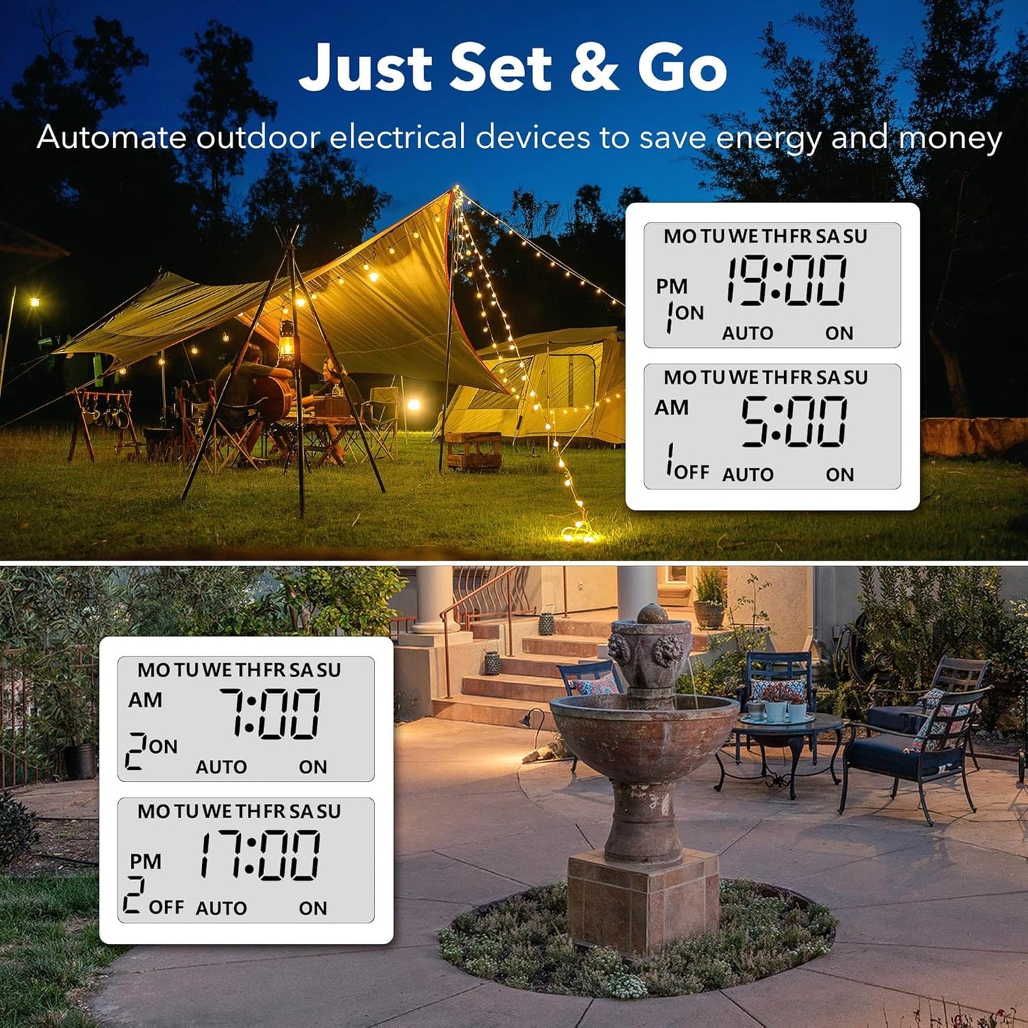 BN-LINK 7 Day Outdoor Heavy Duty Digital Programmable Timer, Outdoor Timer Outlet Waterproof, 2 Grounded Electrical Outlets for Christmas Lights, ETL Listed（2 Pack）