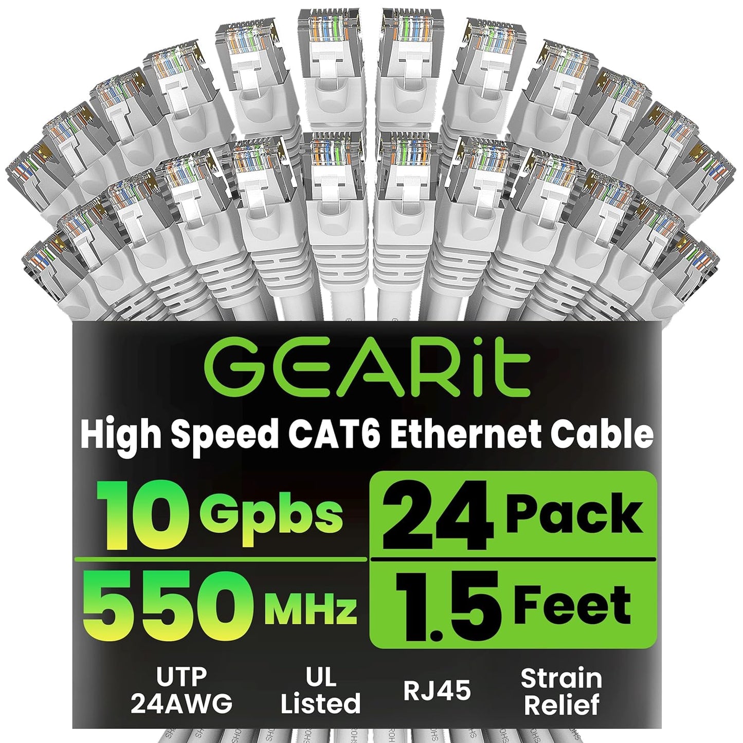 GearIT Cat 6 Ethernet Cable (24-Pack 1.5 Feet) Cat6 Network Patch, 10Gbps, RJ45, Snagless Cord, Gold-Plated Connectors, Internet for PC, TV, Tablet, Router, Printer, Servers, IT Data Center - White