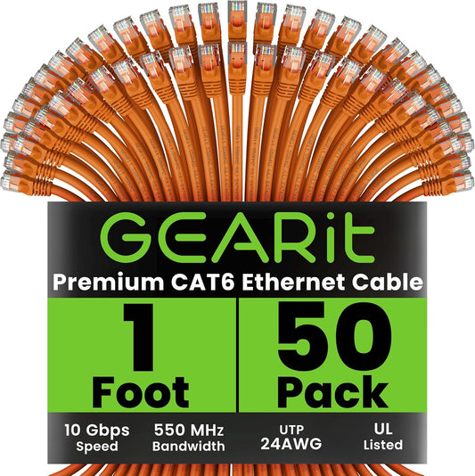 GEARit Cat 6 Ethernet Cable (50-Pack 1 Foot) Cat6 Network Patch, 10Gbps, RJ45, Snagless Cord, Gold-Plated Connectors, Internet for PC, TV, Tablet, Router, Printer, Servers, IT Data Center - Orange