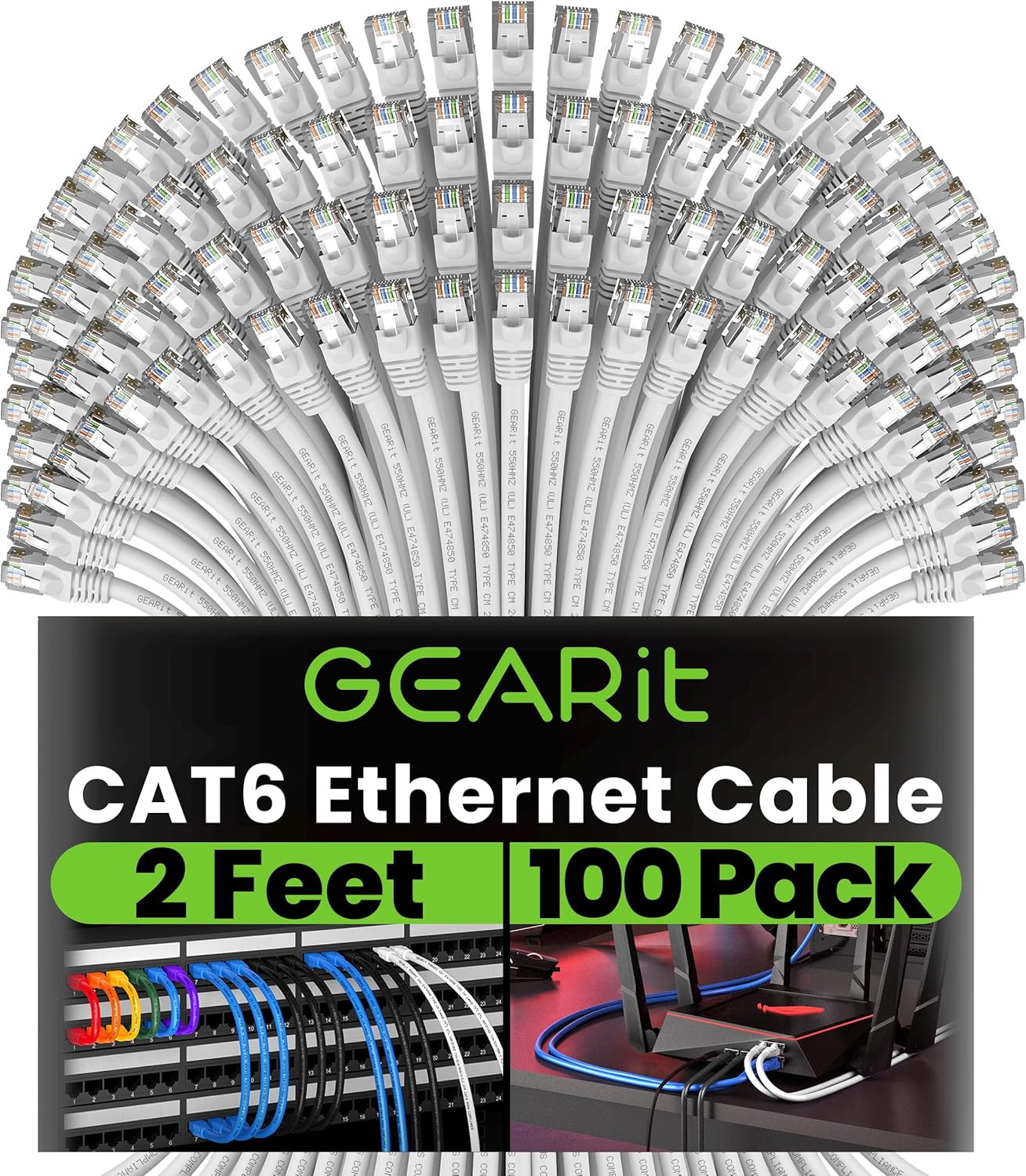 GEARit Cat 6 Ethernet Cable (100-Pack 2 Feet) Cat6 Network Patch, 10Gbps, RJ45, Snagless Cord, Gold-Plated Connectors, Internet for PC, TV, Tablet, Router, Printer, Servers, IT Data Center - White
