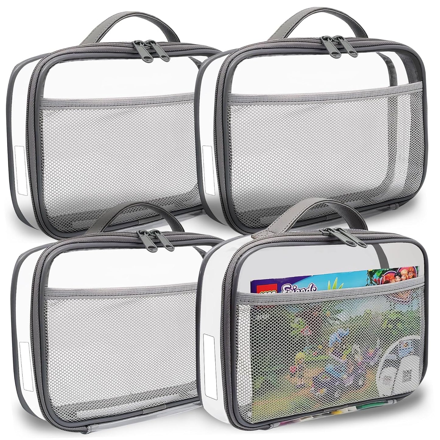 holay 4 Packs PVC Zippered Blocks Set, Toy, Clay, Board game Storage Organizer Case (Name Tag, Manual Pocket) (Gray, Small)