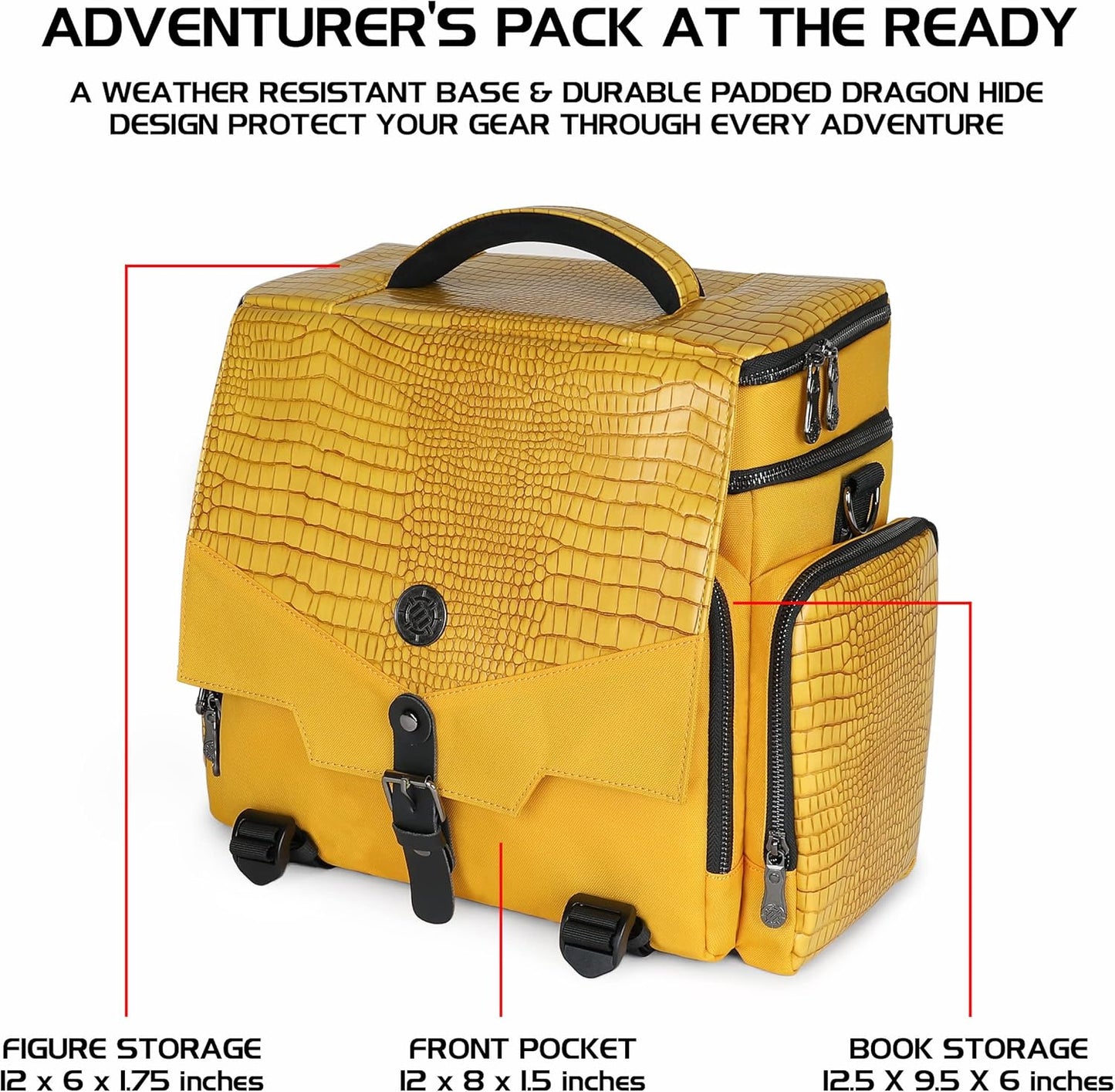ENHANCE Collector's Edition RPG Adventurer's DnD Bag - Dragon Hide Exterior Travel RPG Bag with Tabletop Miniatures Storage Vault, Mat Holder, DnD Dice & Token Pockets, Fits 4-8 Books (Dragon Gold)