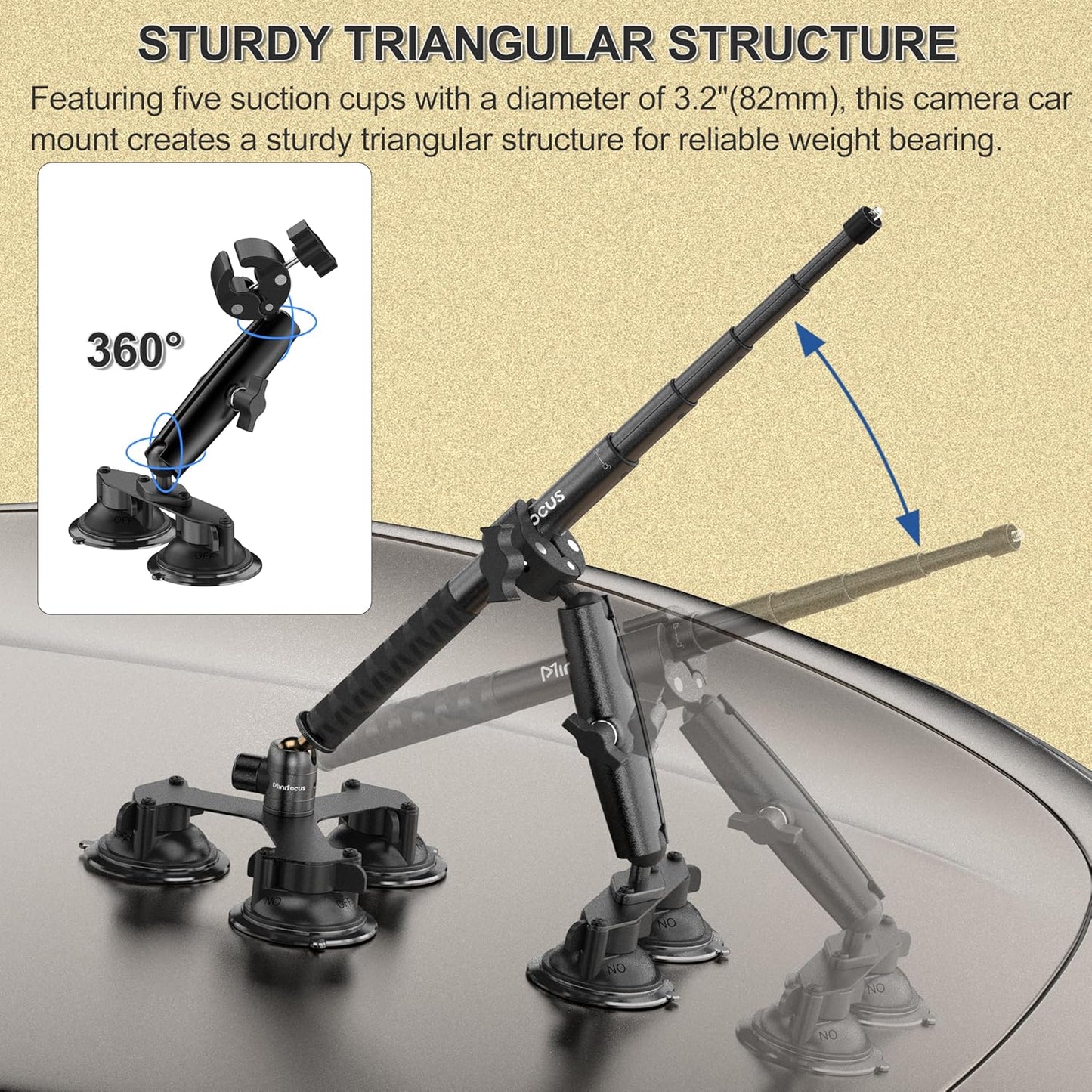 MINIFOCUS Suction Car Mount for Insta360 X5, X4, X3, 5 in 1 Suction Cup Camera Mount Kit with 2in1 Extension Pole, Compatible with Insta360 GoPro Action Camera(Includes 45inch Invisible Selfie Stick)