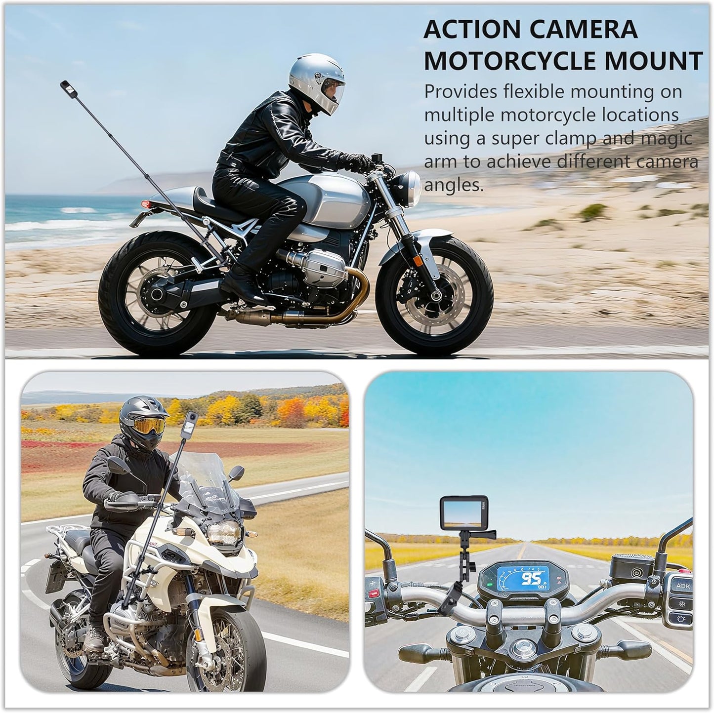 Motorcycle Camera Mount for Insta 360 x5,Adjustable GoPro Bike Extension Pole Kit Compatible with Insta360, GoPro, and DJI Cameras - Designed for Bike and Motorcycle Riding Shots