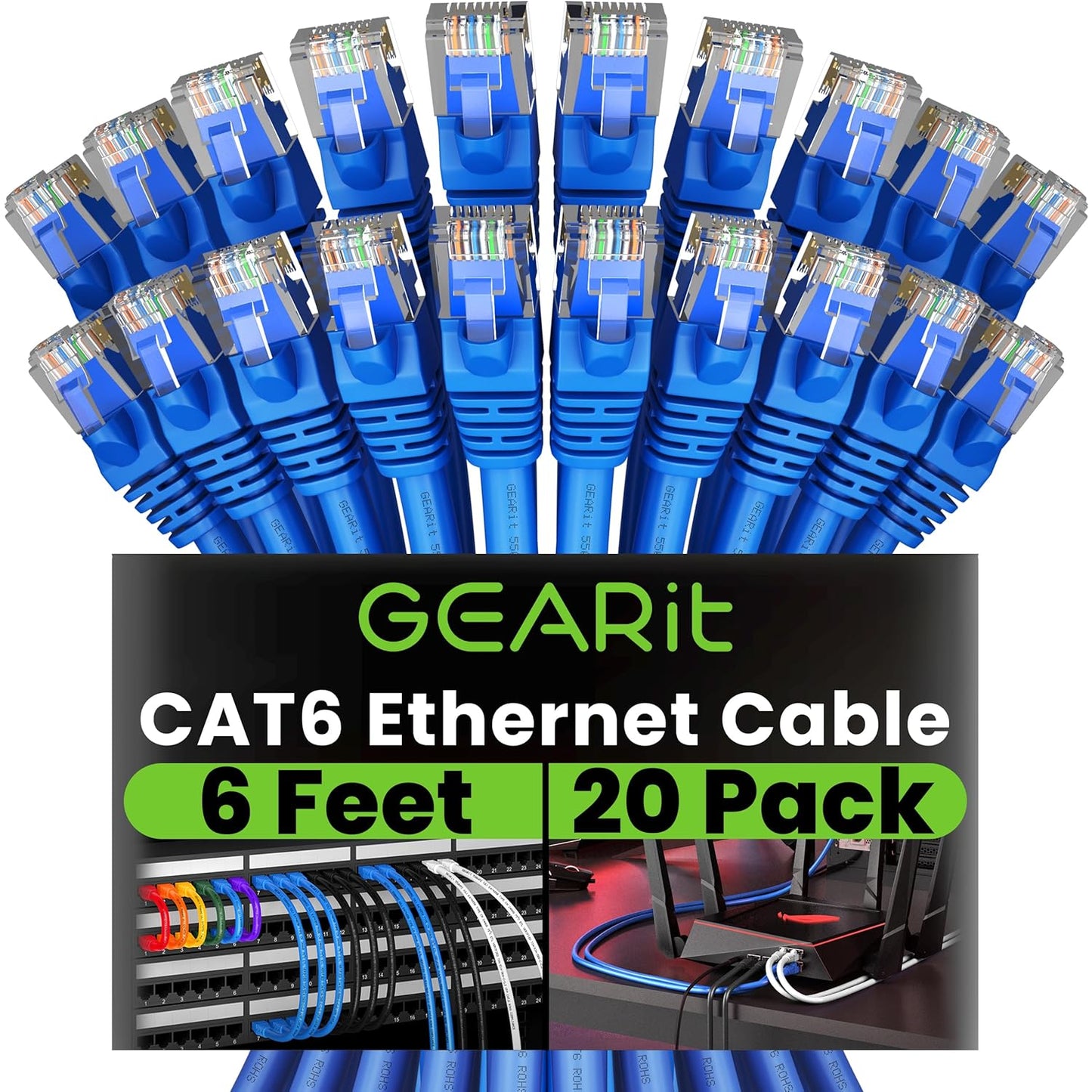 GearIT Cat 6 Ethernet Cable Pack - 20-Pack 6 ft Cat6 Ethernet Patch Cables | RJ45 Network Patch Cable, 10 Gbps Snagless Gold-Plated Connectors - Ethernet Cable Cat 6 for PC, TV, Router - Blue