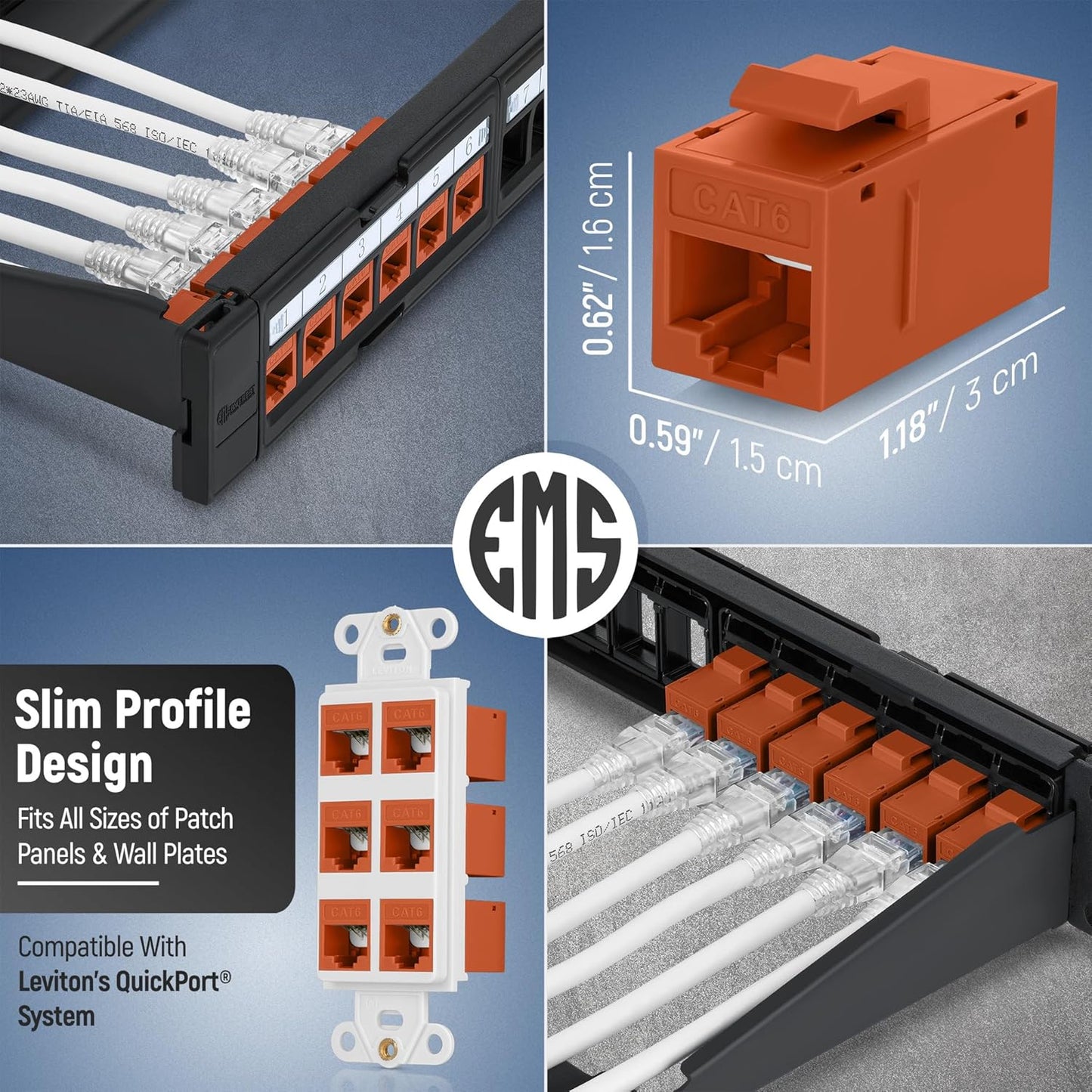 Everest Cat6 RJ45 Keystone Coupler (12-Pack) in Orange - RJ45 Coupler - Cat 6 Couplers - Female to Female Cat6 Keystone Jacks - Ethernet Couplers - Ethernet Cable Extender