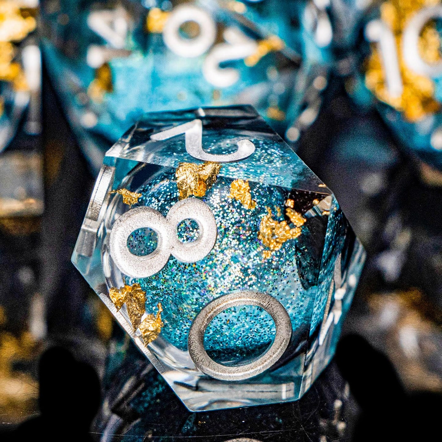 DND Dice Blue Liquid Core Dice Set with Metal Box, Handmade Sharp Edge D and D Polyhedral Dice for use with RPG D&D Role Playing Game