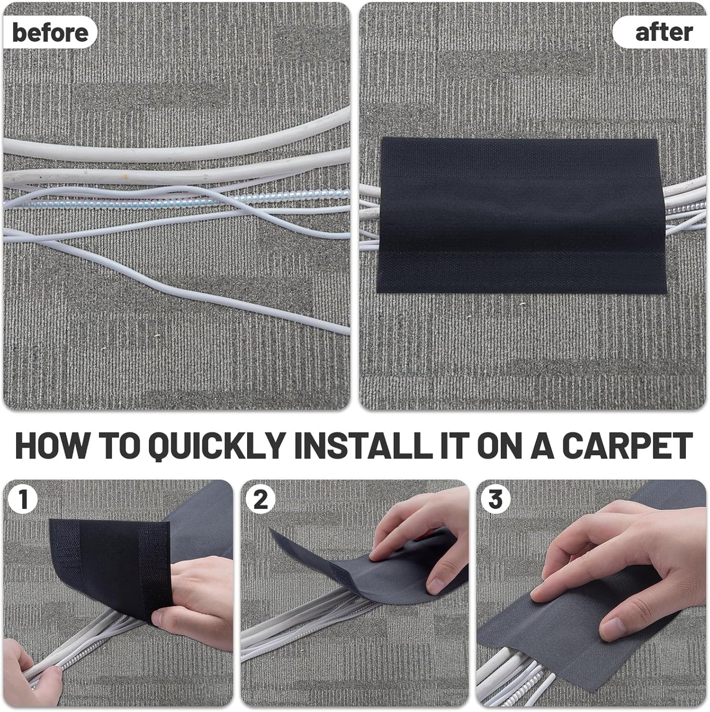 IHKFILAN Carpet Cord Cover Carpet Cable Management Under Desk Cable Grip Strip Black Hook and Loop Tape Cable Polyester Cover Protect Cables to Prevent Tripping Over Wires for Homes & Office (20ft)