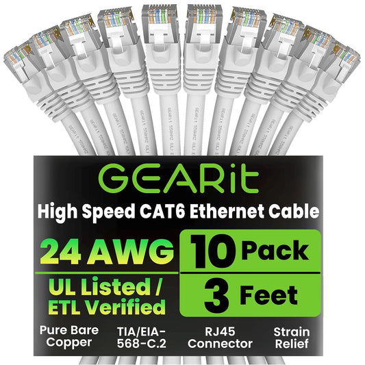GEARit Cat 6 Ethernet Cable (10-Pack 3 Feet) Cat6 Network Patch, 10Gbps, RJ45, Snagless Cord, Gold-Plated Connectors, Internet for PC, TV, Tablet, Router, Printer, Servers, IT Data Center - White