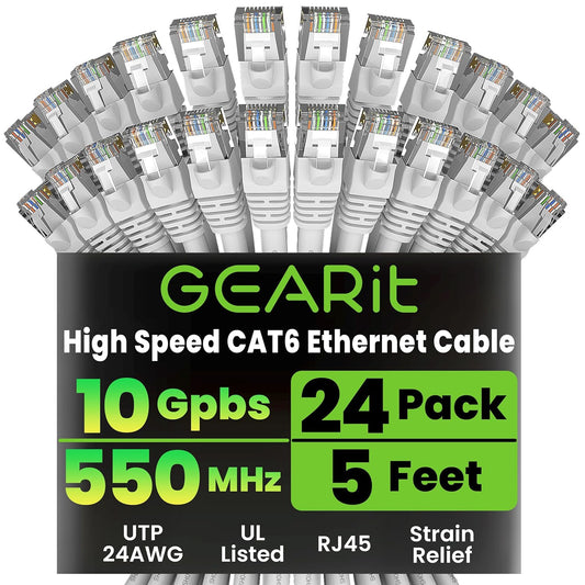 GEARit Cat 6 Ethernet Cable (24-Pack 5 Feet) Cat6 Network Patch, 10Gbps, RJ45, Snagless Cord, Gold-Plated Connectors, Internet for PC, TV, Tablet, Router, Printer, Servers, IT Data Center - White