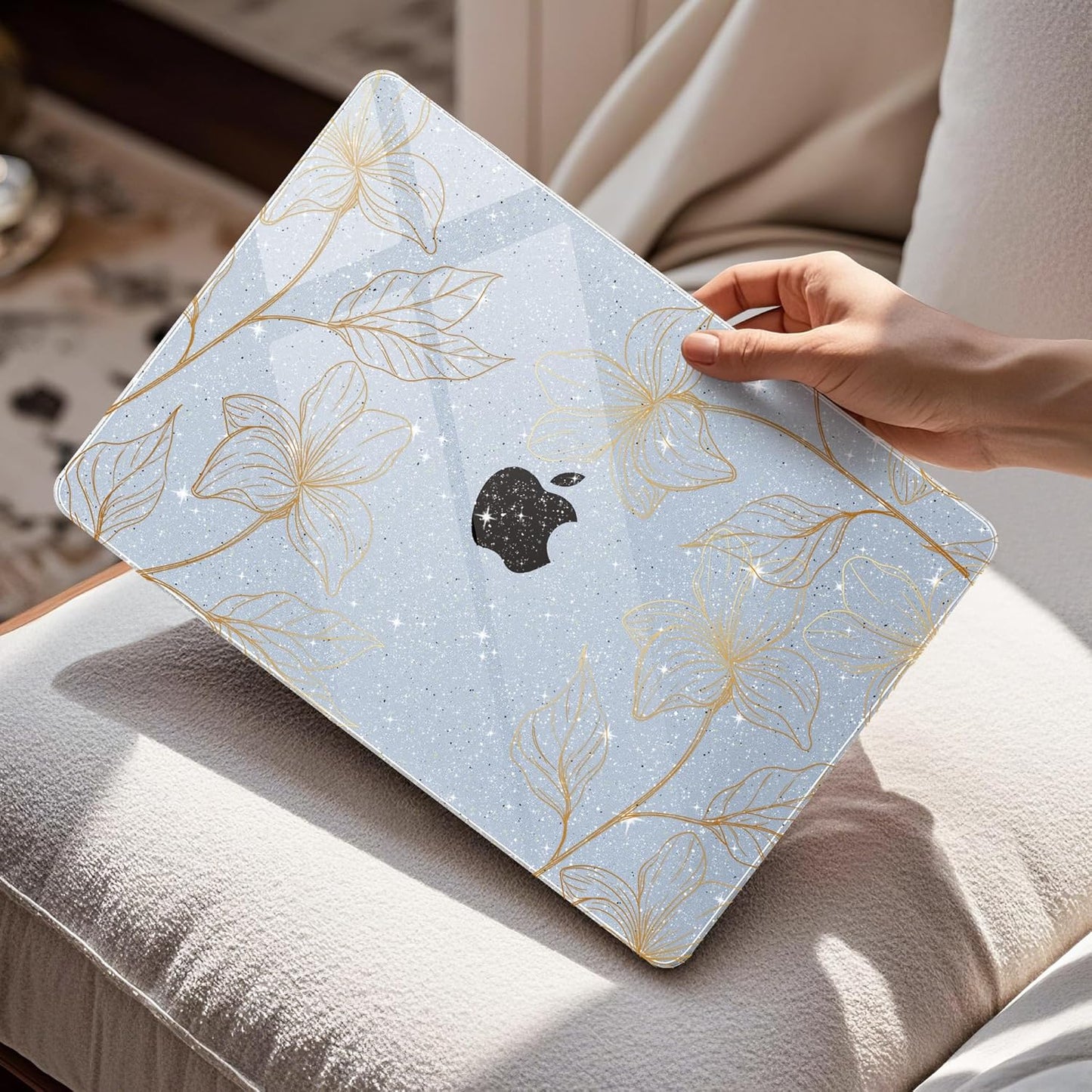 Mektron for 2025 MacBook Air 15 inch M4 Case A3241/ 2024 M3 A3114/ 2023 A2941 M2 Hard Printed Cover with 15.3 Liquid Retina Display Touch ID with Keyboard Skin- Gold Flower S718-Glitter Blue