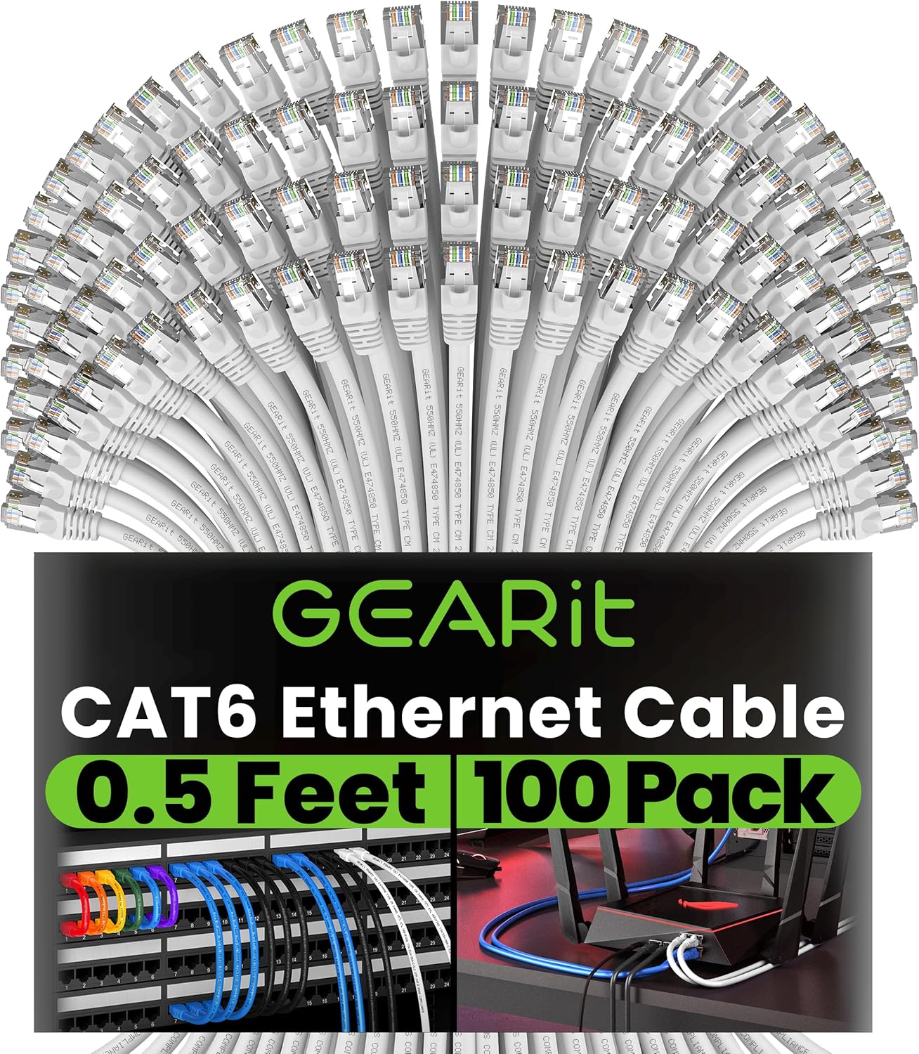 GEARit Cat 6 Ethernet Cable (100-Pack 0.5 Feet) Cat6 Network Patch, 10Gbps, RJ45, Snagless Cord, Gold-Plated Connectors, Internet for PC, TV, Tablet, Router, Printer, Servers, IT Data Center - White