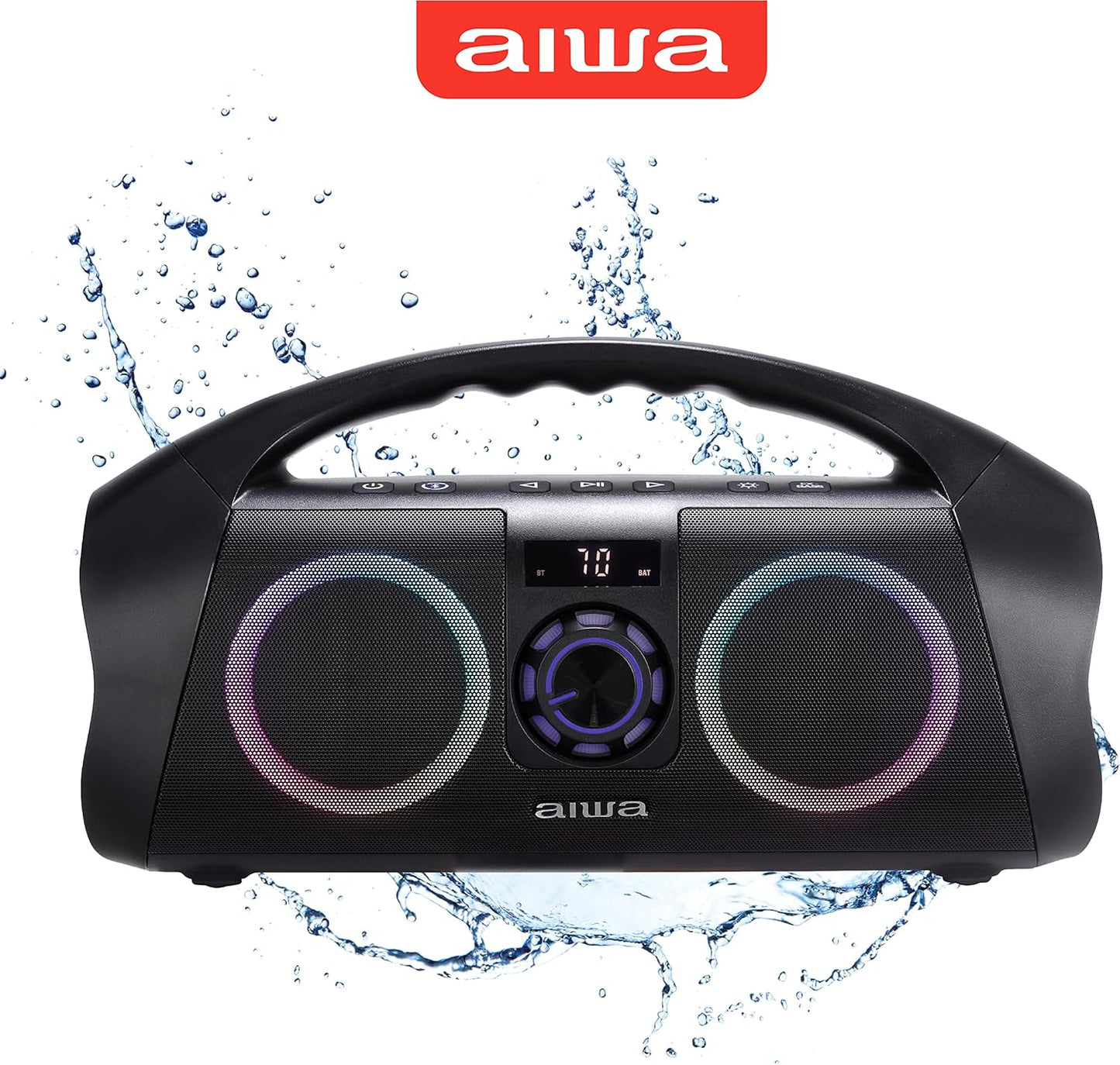 AIWA Portable Boombox - Waterproof Bluetooth Speaker, Rechargeable Wireless Boombox with Multi Color LED Lighting and Digital Display, AUX Input and Carry Handle, 15 Hour Playtime