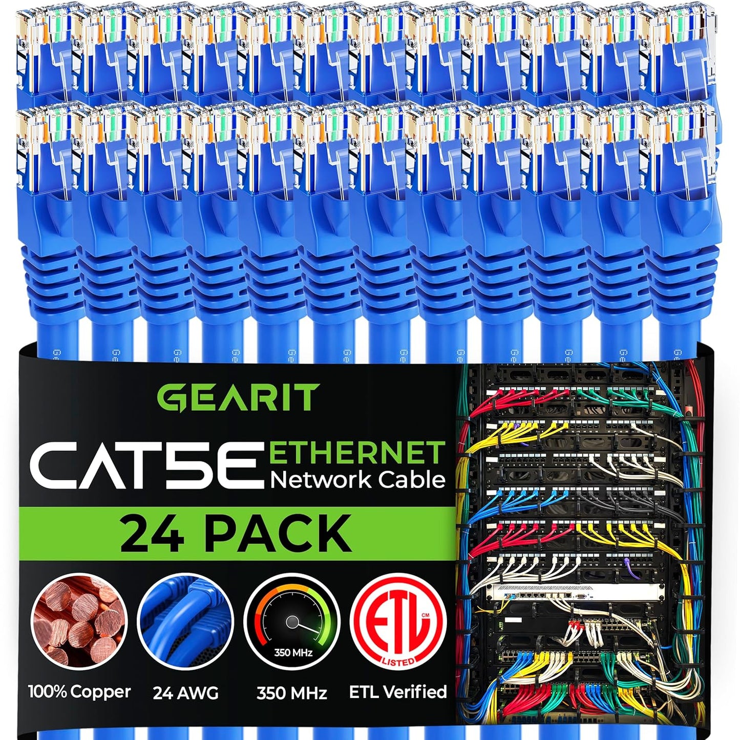 GearIT 24-Pack, Cat5e Ethernet Patch Cable 1 Foot - Snagless RJ45 Computer LAN Network Cord, Blue - Compatible with 24 48 Port Switch POE Rackmount 24port Gigabit