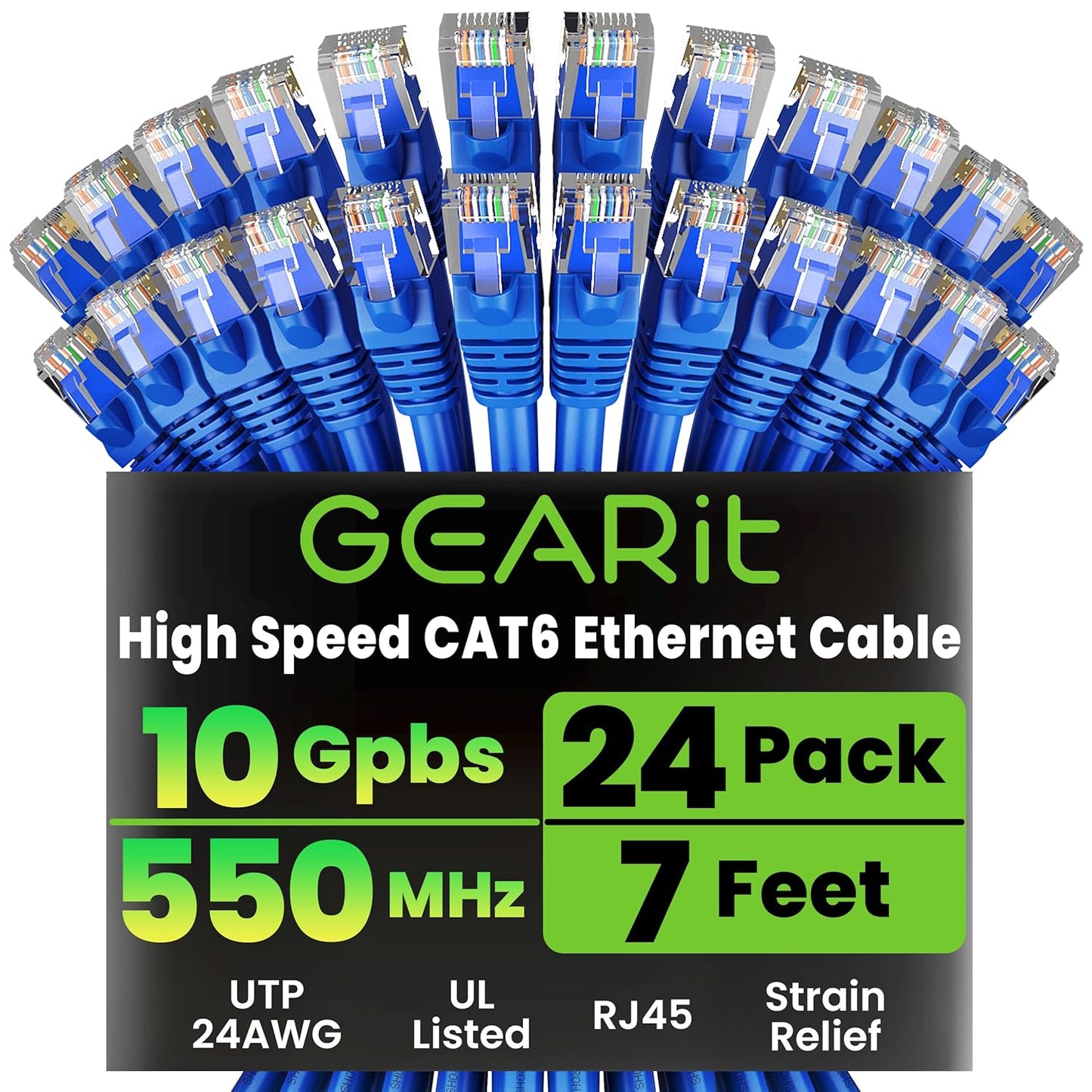 GearIT Cat 6 Ethernet Cable Pack - 24-Pack 7 ft Cat6 Ethernet Patch Cables | RJ45 Network Patch Cable, 10 Gbps Snagless Gold-Plated Connectors - Ethernet Cable Cat 6 for PC, TV, Router - Blue