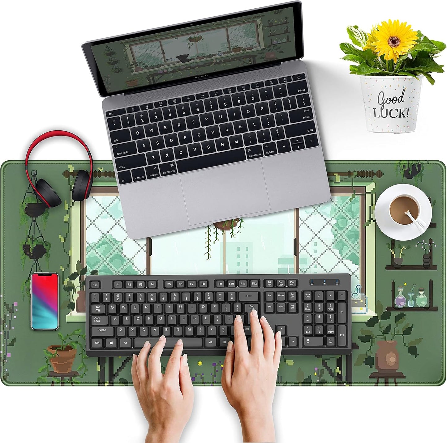 Cute Kawaii Green Plant Desk Mat Anime Aesthetic Mousepad Pixel Art XXL Large Gaming Mouse Pad Laptop Keyboard Mat Desk Pad 31.5x15.75 in, Office Home Decor for Women Girl