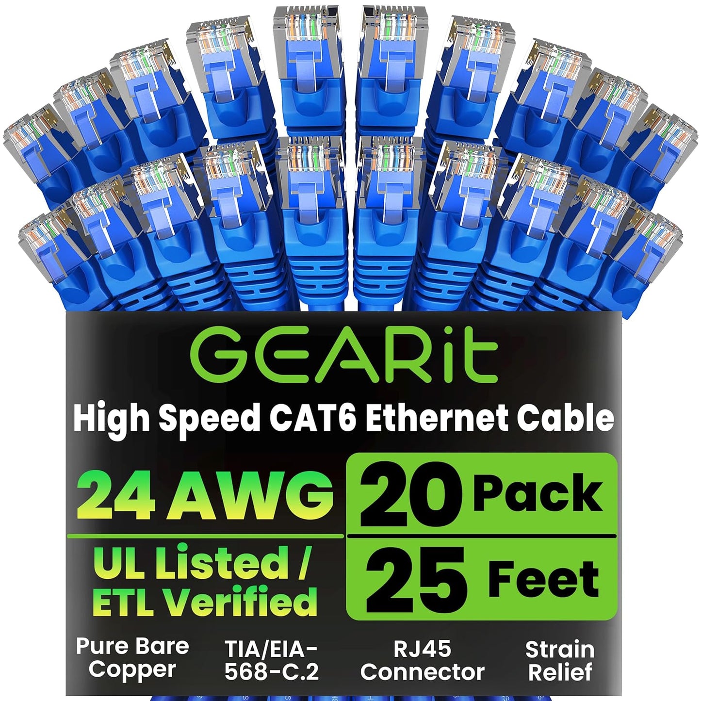 GEARit Cat 6 Ethernet Cable Pack - 20-Pack 25 ft Cat6 Ethernet Patch Cables | RJ45 Network Patch Cable, 10 Gbps Snagless Gold-Plated Connectors - Ethernet Cable Cat 6 for PC, TV, Router - Blue