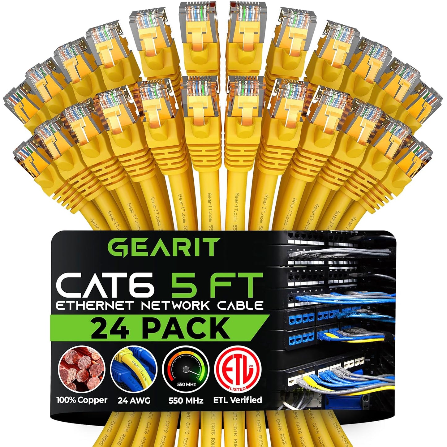 GearIT Cat 6 Ethernet Cable (24-Pack 5 Feet) Cat6 Network Patch, 10Gbps, RJ45, Snagless Cord, Gold-Plated Connectors, Internet for PC, TV, Tablet, Router, Printer, Servers, IT Data Center - Yellow