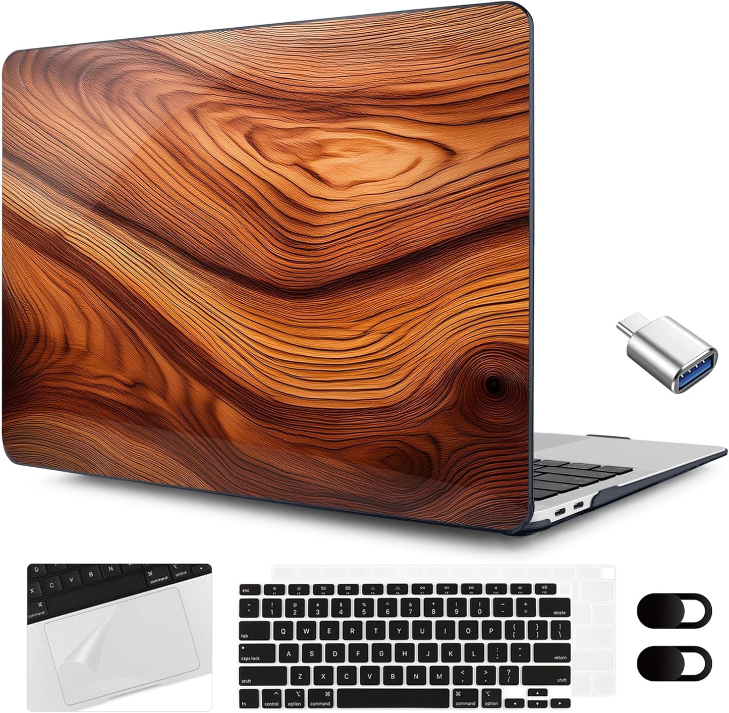 MEEgoodo for MacBook Air 13.3 inch Case 2021 2020 2019 2018 A2337 M1 A2179 A1932, Laptop Shell for MacBook Air M1 with Keyboard Webcam Cover & Trackpad Film & Type C Adapter,Tree Rings