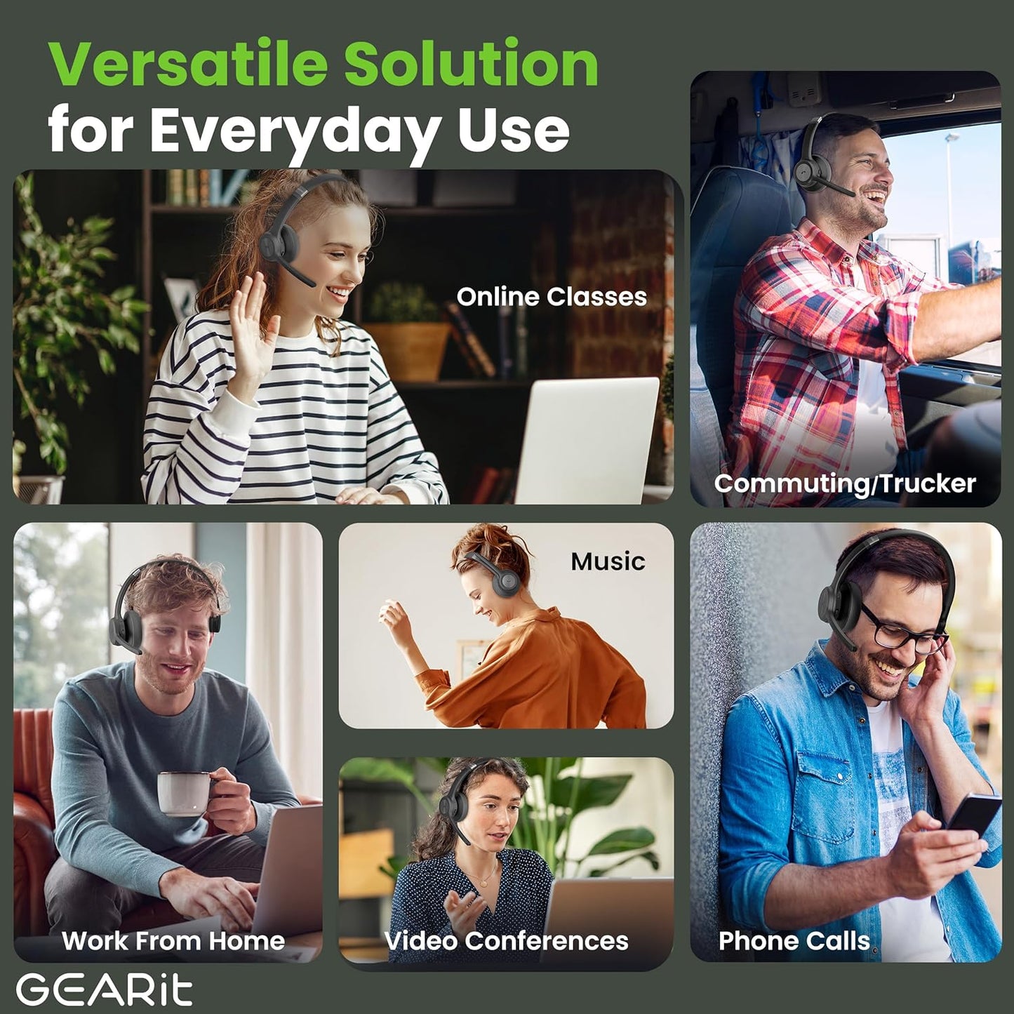 GEARit Wireless Bluetooth Headset with Mic - 35 Hrs Talk Time - for Trucker, w/Noise Cancelling Microphone & Mute Button - Easy to Set Up Wireless for Work, Phone Calls, Homes, Offices