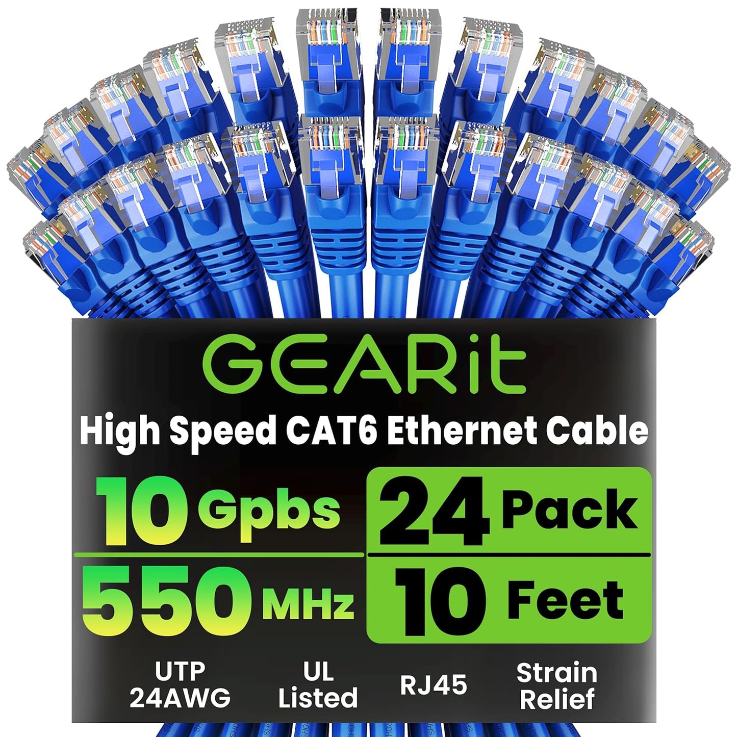 GEARit Cat 6 Ethernet Cable Pack - 24-Pack 10 ft Cat6 Ethernet Patch Cables | RJ45 Network Patch Cable, 10 Gbps Snagless Gold-Plated Connectors - Ethernet Cable Cat 6 for PC, TV, Router - Blue