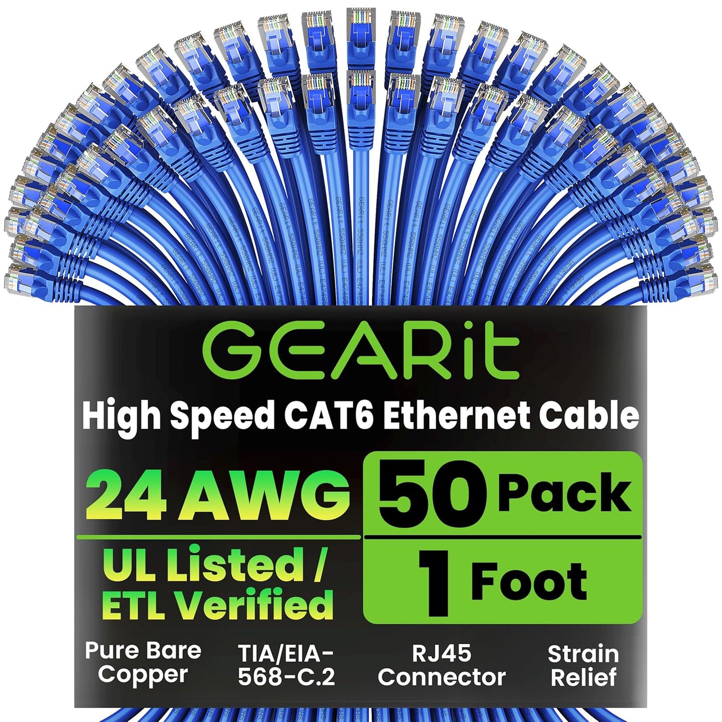 GearIT Cat 6 Ethernet Cable Pack - 50-Pack 1 ft Cat6 Ethernet Patch Cables | RJ45 Network Patch Cable, 10 Gbps Snagless Gold-Plated Connectors - Ethernet Cable Cat 6 for PC, TV, Router - Blue