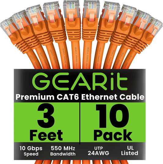GEARit Cat 6 Ethernet Cable (10-Pack 3 Feet) Cat6 Network Patch, 10Gbps, RJ45, Snagless Cord, Gold-Plated Connectors, Internet for PC, TV, Tablet, Router, Printer, Servers, IT Data Center - Orange