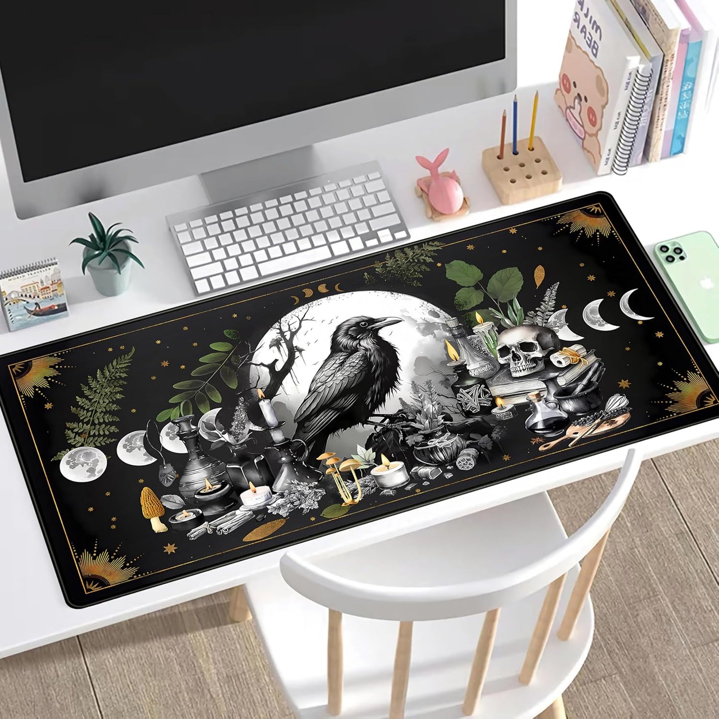 Cute Kawaii Raven Desk Mat XXL Large Extended Gaming Mouse Pad Nature Forest Gothic Mousepad with Stitched Edges, Anime Skull Laptop Keyboard and Mouse Mat Desk Pad for Work Game 31.5x15.7 in