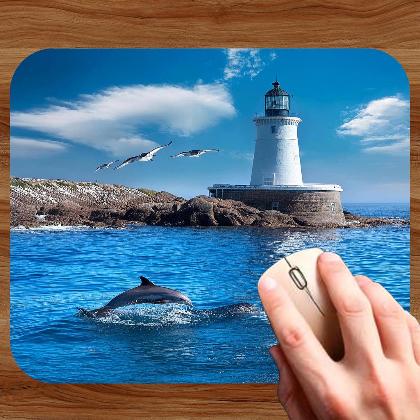 Coastal Shoreline Waves Sandy Beach Theme Mouse Pad Mat Mousepad for Desk Computer Laptop PC Gaming Home or Office Gift (Dolphin Lighthouse MP17)
