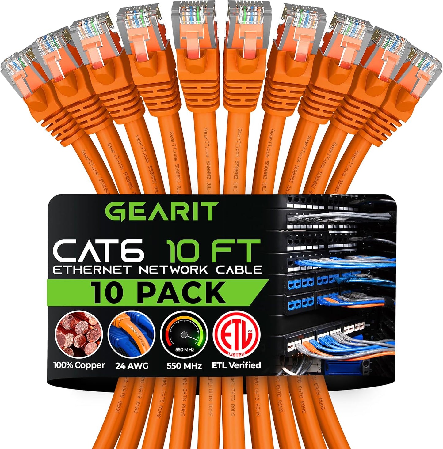 GearIT Cat 6 Ethernet Cable (10-Pack 10 Feet) Cat6 Network Patch, 10Gbps, RJ45, Snagless Cord, Gold-Plated Connectors, Internet for PC, TV, Tablet, Router, Printer, Servers, IT Data Center - Orange