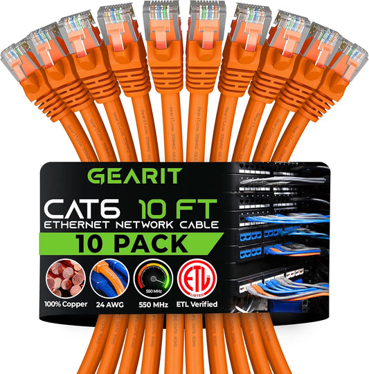 GearIT Cat 6 Ethernet Cable (10-Pack 10 Feet) Cat6 Network Patch, 10Gbps, RJ45, Snagless Cord, Gold-Plated Connectors, Internet for PC, TV, Tablet, Router, Printer, Servers, IT Data Center - Orange