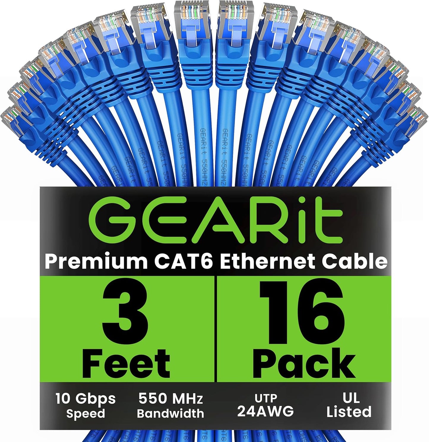 GearIT Cat 6 Ethernet Cable (16-Pack 3 Feet) Cat6 Network Patch, 10Gbps, RJ45, Snagless Cord, Gold-Plated Connectors, Internet for PC, TV, Tablet, Router, Printer, Servers, IT Data Center - Blue