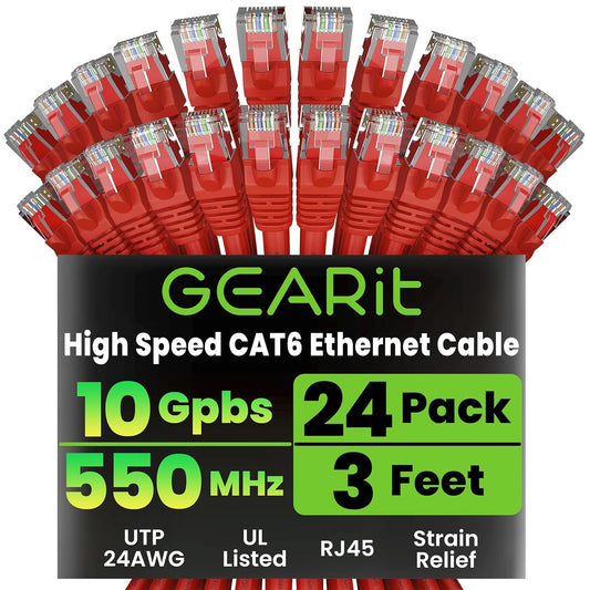 GearIT Cat 6 Ethernet Cable (24-Pack 3 Feet) Cat6 Network Patch, 10Gbps, RJ45, Snagless Cord, Gold-Plated Connectors, Internet for PC, TV, Tablet, Router, Printer, Servers, IT Data Center - Red