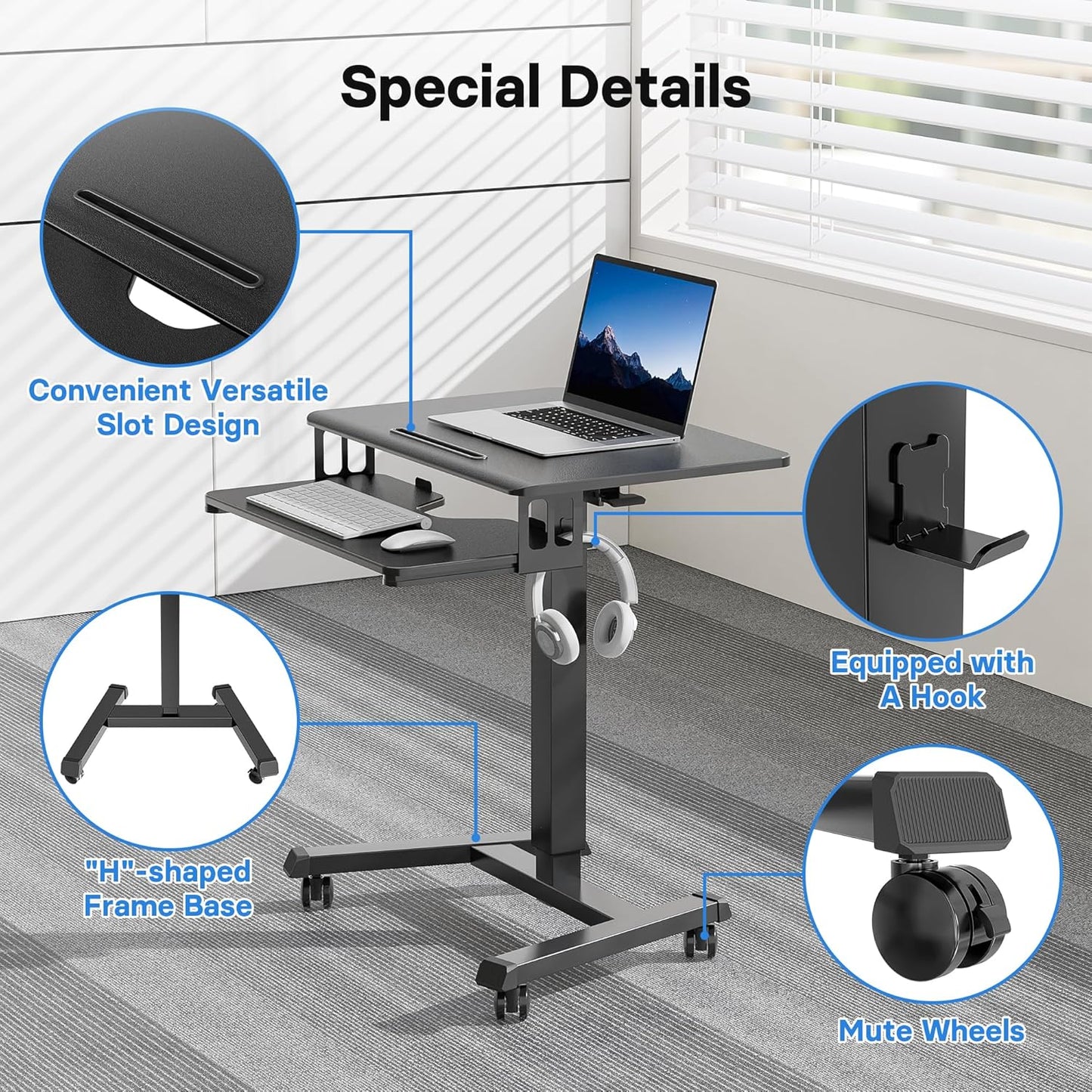 BONTEC Mobile Standing Desk with Keyboard Tray, Mobile Podium, Rolling Laptop Sit Stand Desk on Wheels, Adjustable Height Desk Up to 33lbs, Portable Computer Workstation Cart for Living Room, Office