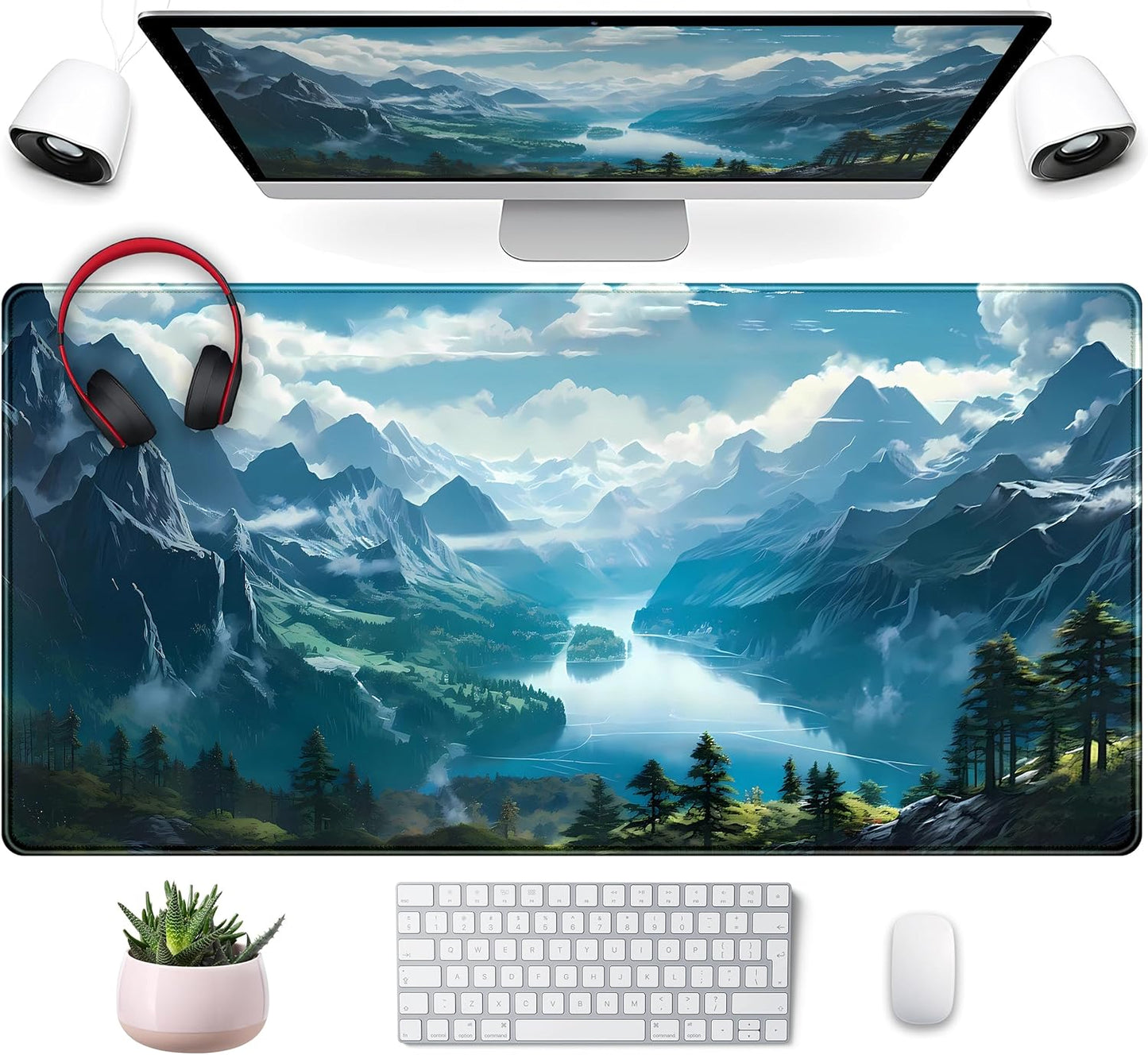 Aesthetic Mountain Vista Desk Mat, Blue Natural Wonder XXL Large Extended Gaming Mouse Pad Mat Non-Slip Mousepad, Computer Keyboard and Mouse Mat, Desk Pad with Stitched Edges, 31.5x15.75 in