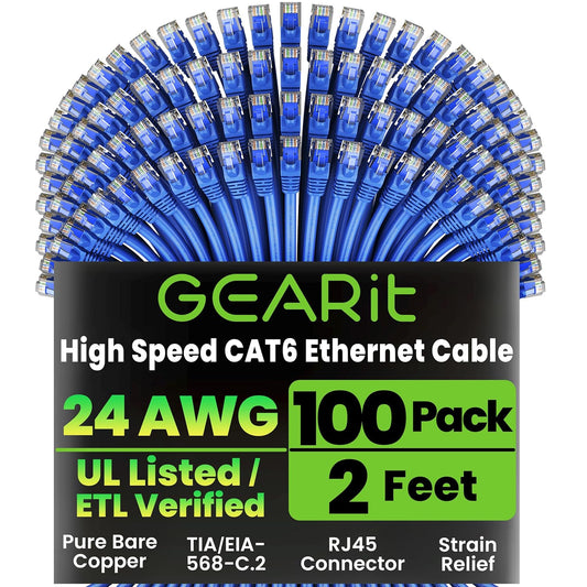 GEARit Cat 6 Ethernet Cable Pack - 100-Pack 2 ft Cat6 Ethernet Patch Cables | RJ45 Network Patch Cable, 10 Gbps Snagless Gold-Plated Connectors - Ethernet Cable Cat 6 for PC, TV, Router - Blue