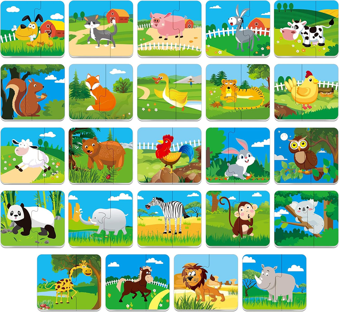 48 Animal Matching Puzzles with Error-Correction Mechanism Pre-Primer in 2 Pieces, Perfect for Preschool Learning (24 Blocks Double Sided)