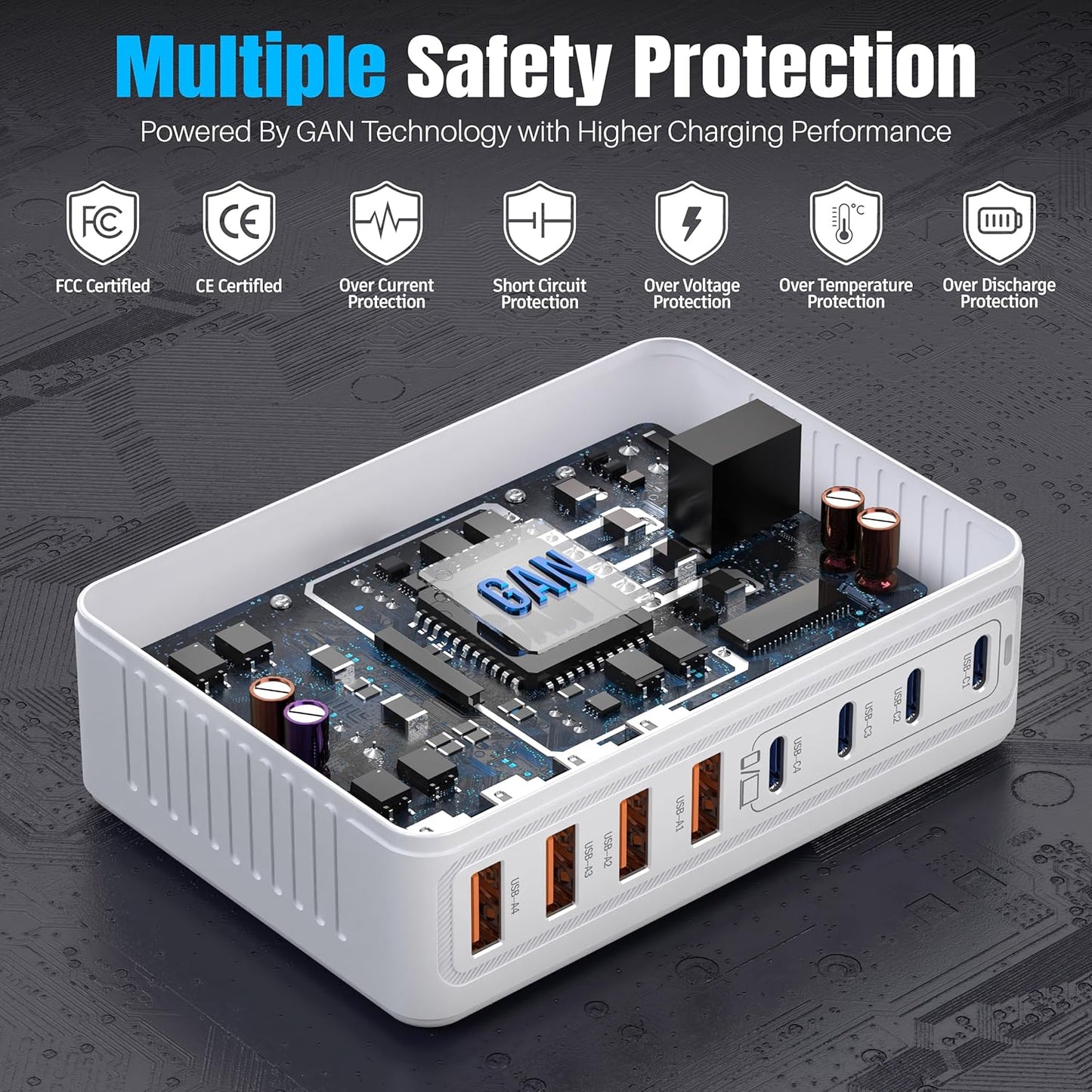 200W GaN III 8-Ports USB C Fast Charger, Type C Block, QC4.0 Fast Phone Charging Station Hub PD 65W Laptop Charger Power Adapter for iPad/Air/Pro iPhone 16/15 MacBook Pro/Air, Galaxy Phones, Tablet