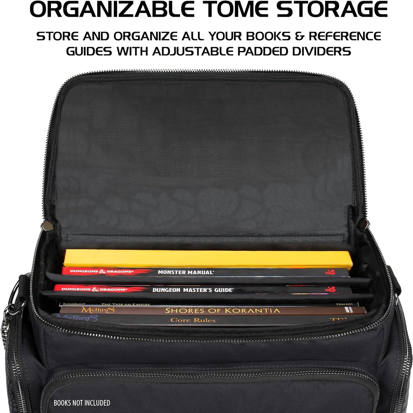 ENHANCE Collector's Edition RPG Adventurer's DND Bag - Dragon Hide Exterior Travel RPG Bag with Tabletop Miniatures Storage Vault, Mat Holder, DND Dice & Token Pockets, Fits 4-8 Books (Dragon Black)