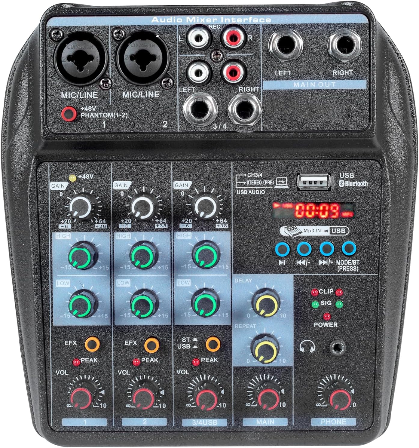 Dj Mixers 4 Channel Audio Mixer Sound Board with Bluetooth, Portable Usb Audio Interface with 48V Phantom Power Small Sounds Mixer Board with FX Delay Effect for Streaming