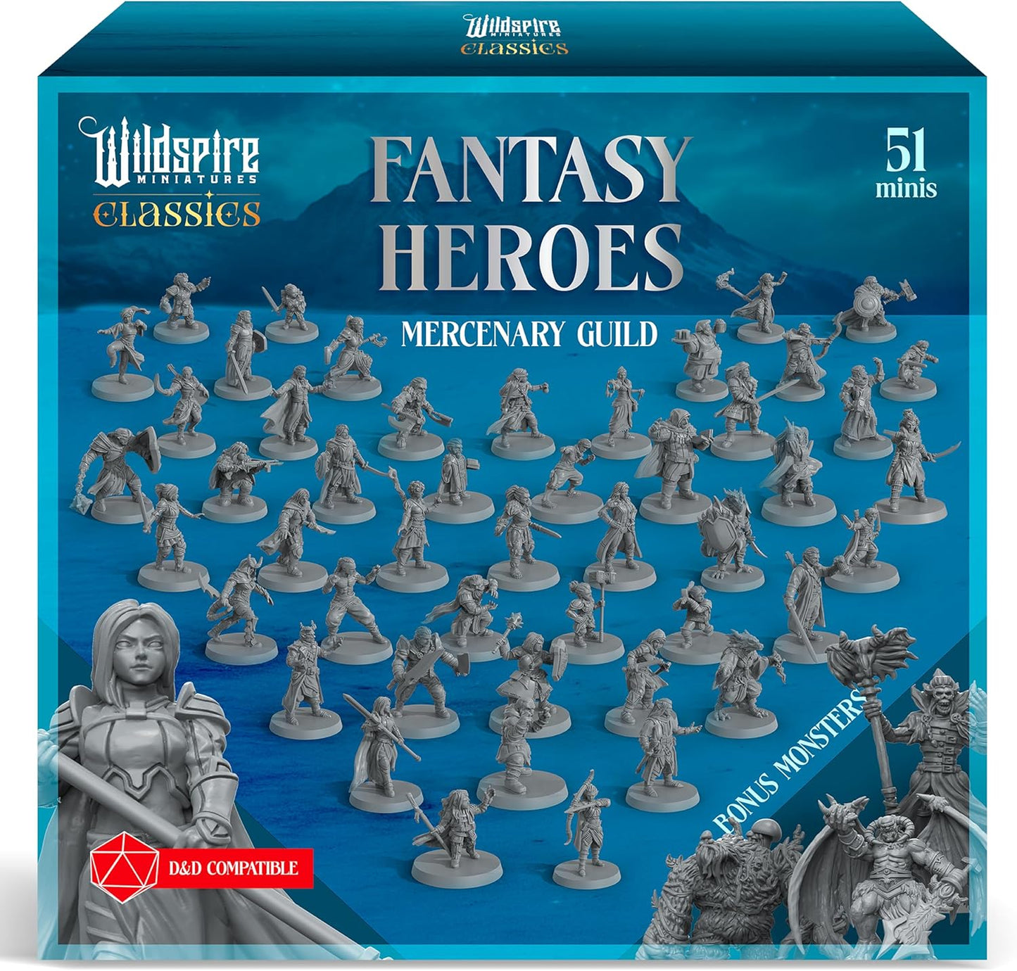 Classic Heroes - Mercenary Guild - 51 Paintable Characters for DND Miniatures Bulk I 28mm Dungeons Dragons D&D Miniatures I DND Minis D&D Figures Dungeons Dragons Figures Pathfinder Compatible